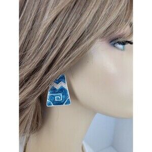 Silver Tone Blue Enamel Metal Trapezoid Tribal Southwestern Pierced Earrings